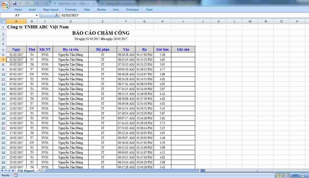 File Excel chấm công được xuất từ phần mềm