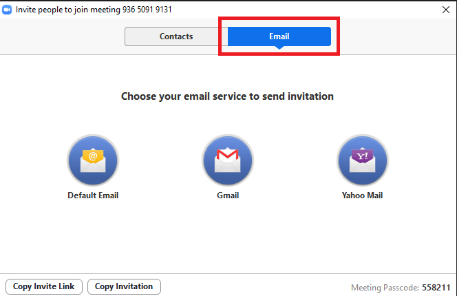 Nhấn chọn vào tab “Email” để chọn gửi thư mời cho người tham gia bằng Mail