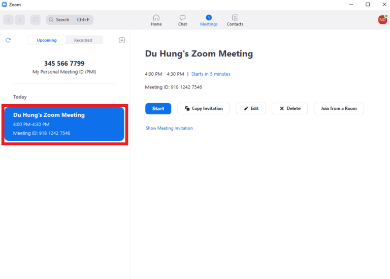 Trên tab “Meeting” nhấn chọn cuộc họp bạn đã lên lịch ở cột bên phải