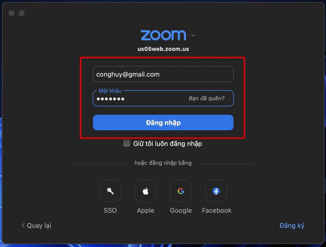 Nhập email và mật khẩu Zoom của bạn rồi nhấp vào “Đăng nhập”
